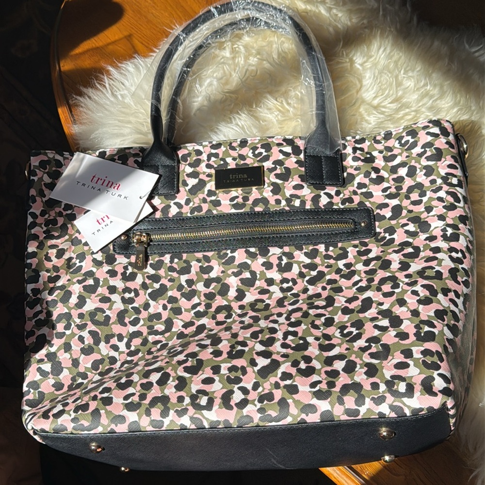 Trina Turk NWT Vegan Leather Pink and Black Leapard Tote with Shoulder Strap